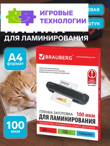 Пленка для ламинирования A4 216×303 мм, 100 мкм, 100 штук, глянцевые, BRAUBERG
