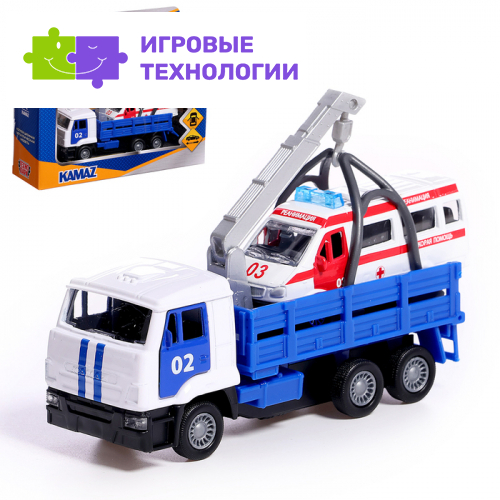 Машина металлическая «KAMAZ эвакуатор», 12 см, открываются двери, подвижные детали, инерция, скорая помощь 7.5 см