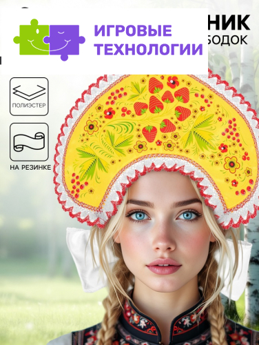 Кокошник «Хохлома ягодки», жёлтый атлас