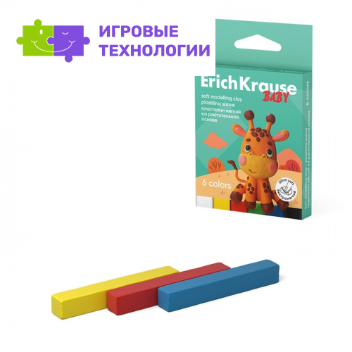 Пластилин мягкий 6 цветов, 90 г, ErichKrause "Baby", на растительно основе, с Алоэ Вера , европодвес