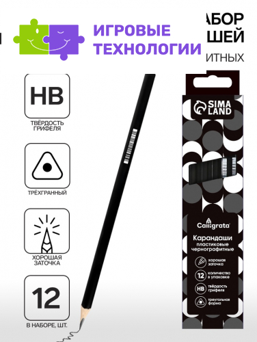Набор карандашей чернографитных 12 штук, Calligrata Classic, заточенные, пластик, трехгранные, черные