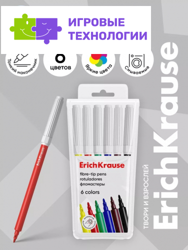 Фломастеры 6 цветов ErichKrause Basic, вентилируемый колпачок