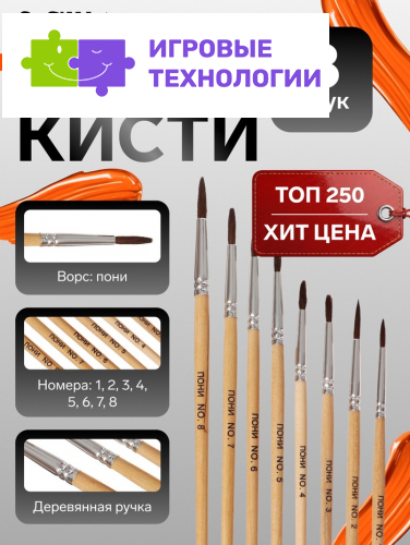 Набор кистей для рисования, пони - синтетика, 8 штук: №1, 2, 3, 4, 5, 6, 7, 8, Calligrata, круглые, деревянная ручка, международный размер